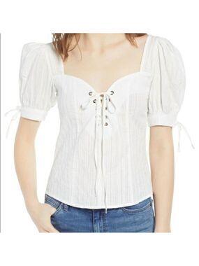 #50 Bishop + Young White Puff Sleeve Tie Corset Blouse | 0227